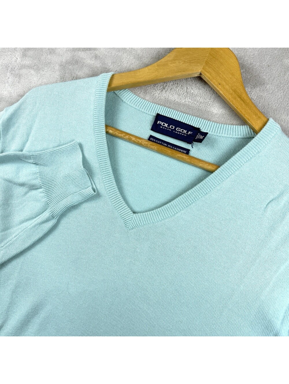 Polo Golf Ralph Lauren Men M Aqua Blue V-Neck Sweater 15% Cashmere Cotton Luxury